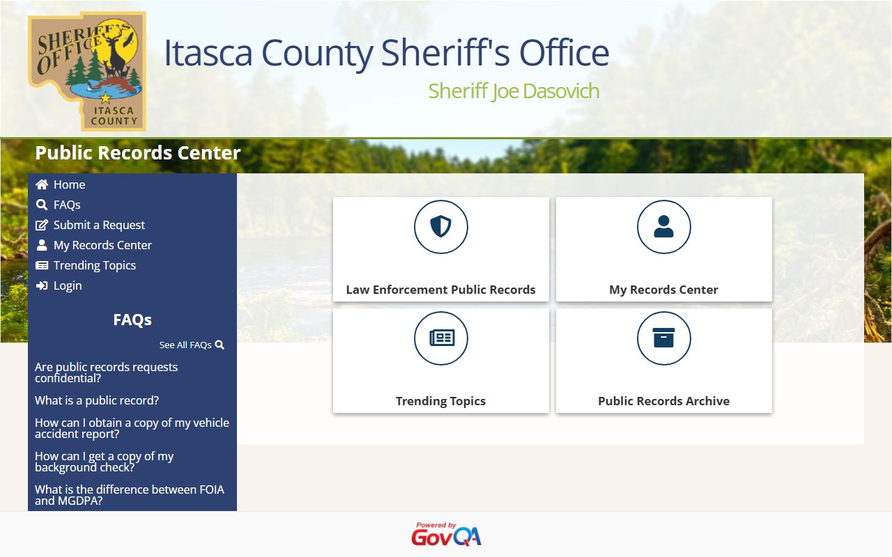 Itasca County GovQA request portal for jail mugshots and booking records