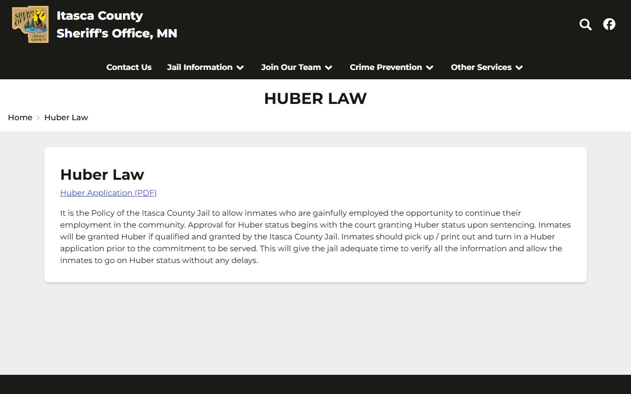 Itasca County Jail Huber work release application page