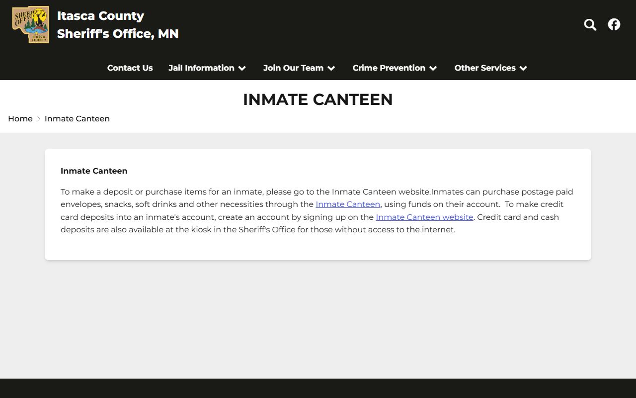 Itasca County inmate records commissary and Inmate Canteen deposit page