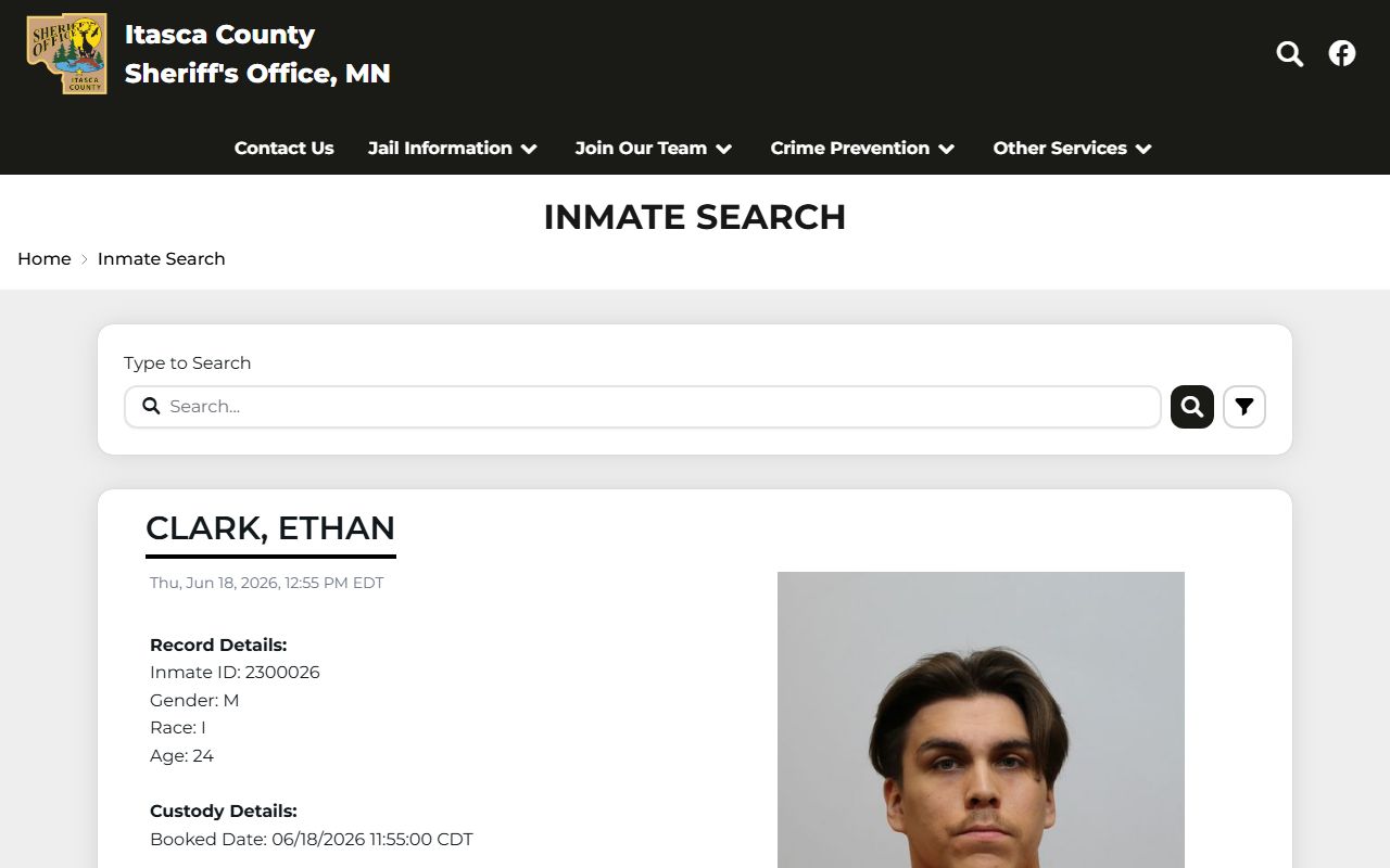 Itasca County inmate population roster search with mugshot cards and VINELink links
