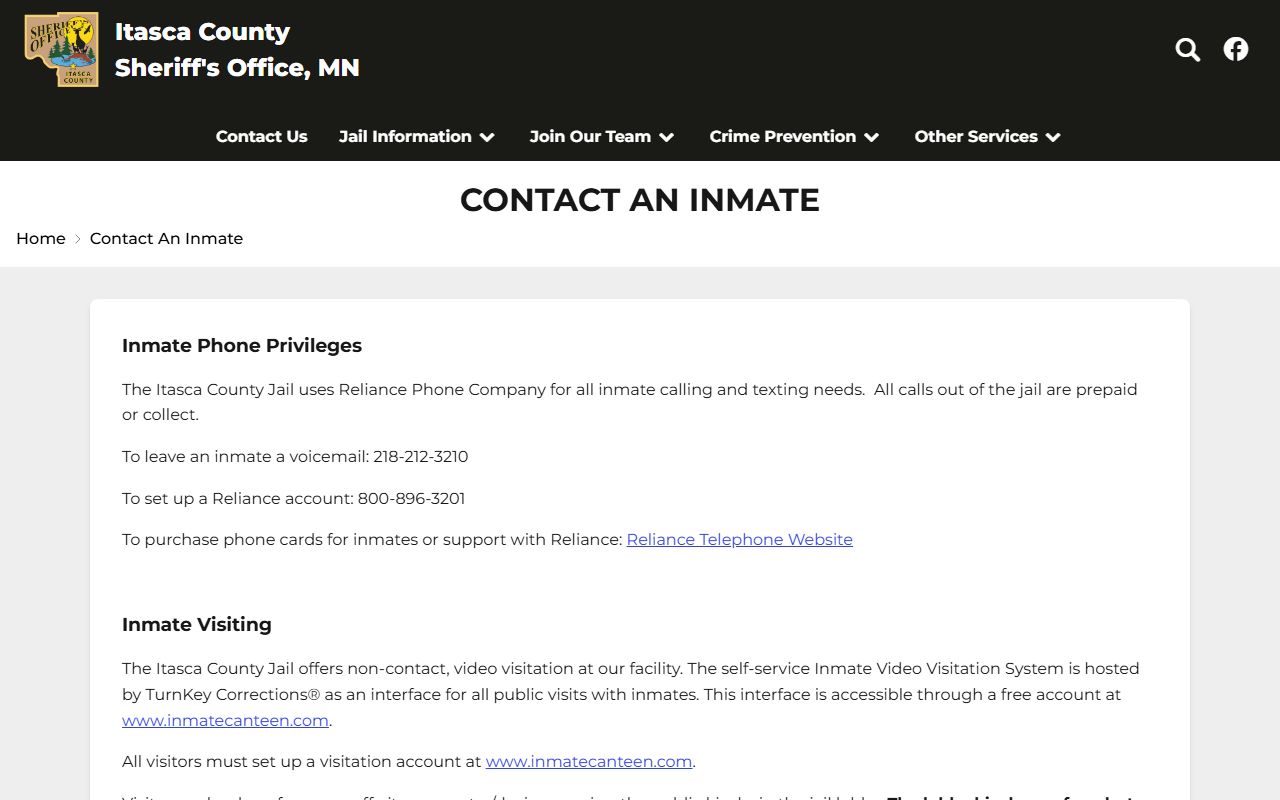 Itasca County Jail visitation and inmate phone rules